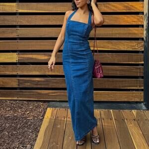 Reformation Evita Denim Midi Dress 8 Blue Halter Back Slit Y2K 90s Style